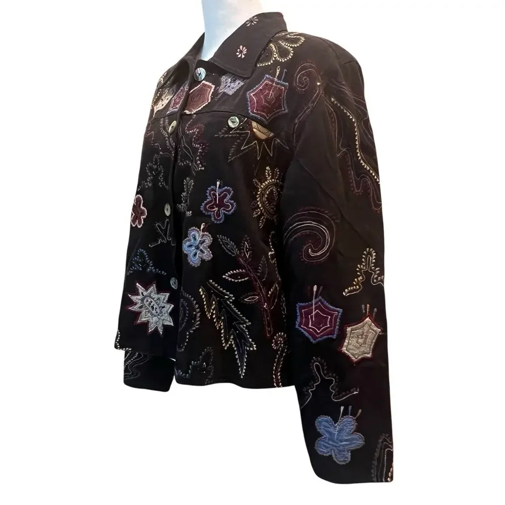 Yak Magik Jacket Women's Large Artisan Silk Embroidered Nepal Art to Wear Beaded